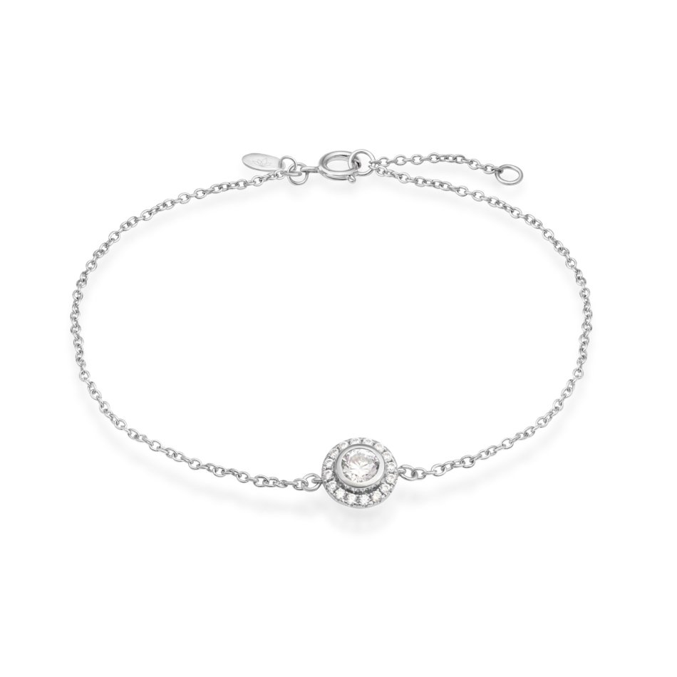 Flower bracelet in rhodium-plated recycled sterling silver with 17 hand-set cubic zirconia, adjustable length, elegant nature-inspired design