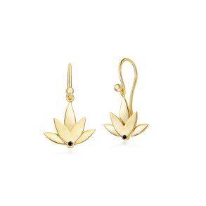Lotus rering i 24 karat guldbelagt recycled sterlingslv med hndsat sort cubic zirconia, to-lags design og blankpoleret finish med 25 mm lngde.