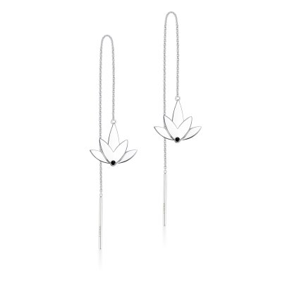 Lotus reringe i rhodineret sterlingslv med hndsat sort cubic zirconia og aftagelig kde, designet i to lag med blankpoleret finish og symbolsk blomsterform