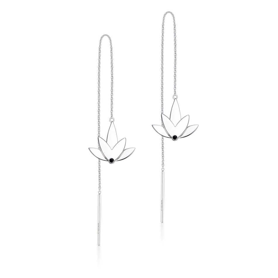 Lotus reringe i rhodineret sterlingslv med hndsat sort cubic zirconia og aftagelig kde, designet i to lag med blankpoleret finish og symbolsk blomsterform