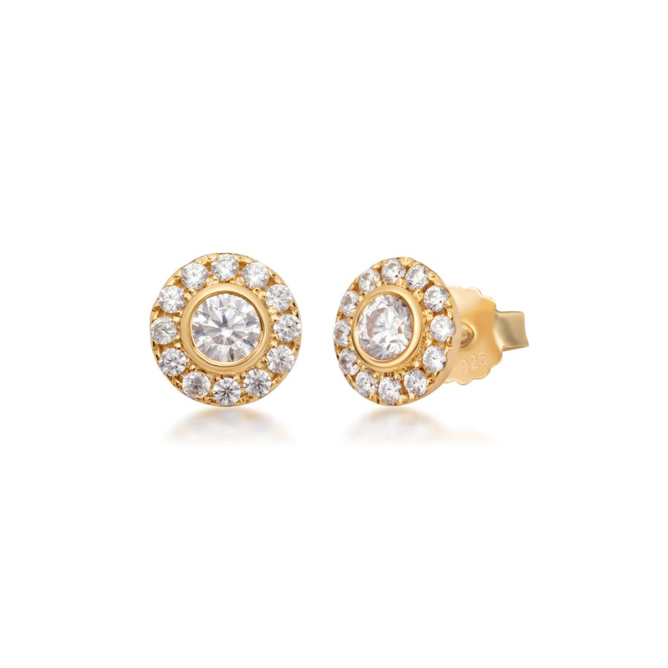 Flower ear studs in 24k gold-plated recycled sterling silver with hand-set cubic zirconia, 5.3 mm, sparkling and feminine elegance