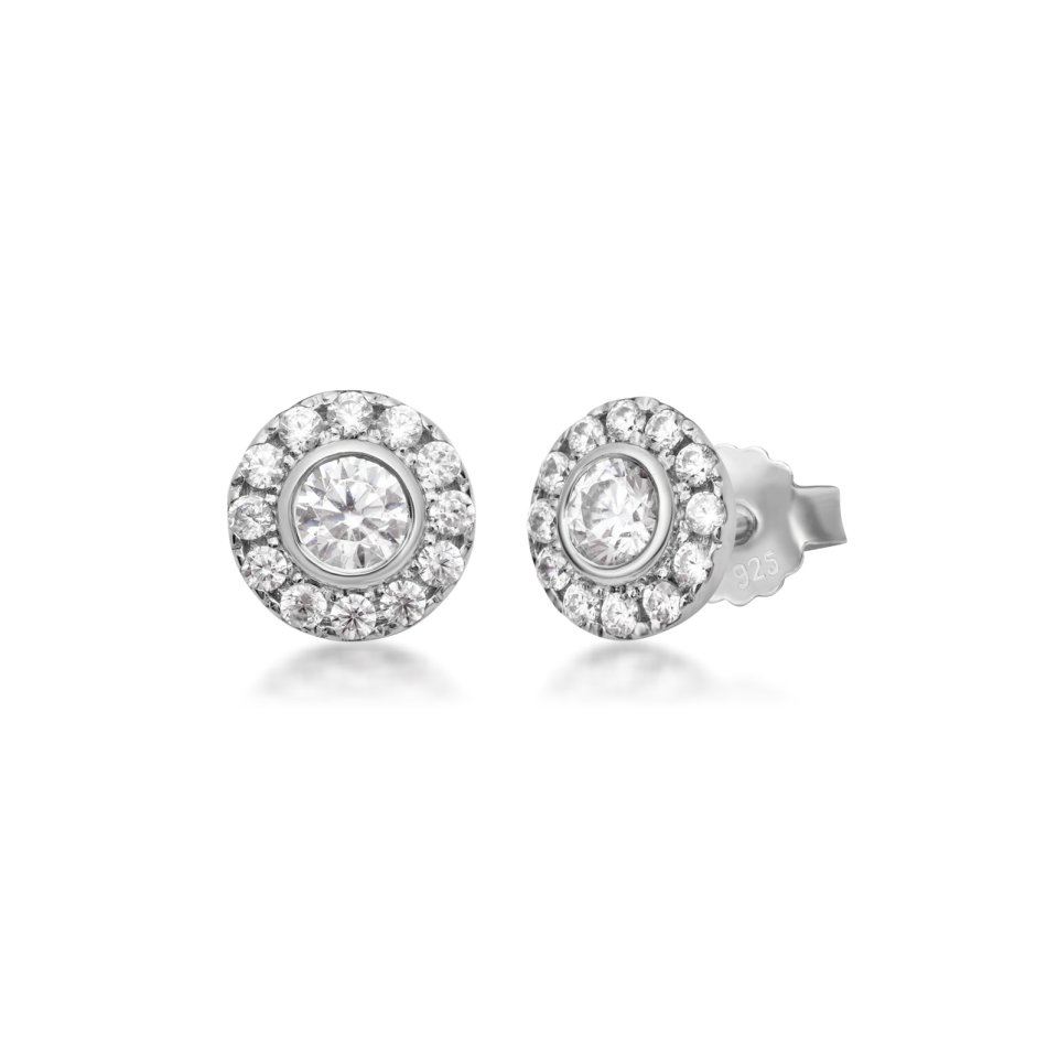 Flower ear studs in rhodium-plated recycled sterling silver with hand-set cubic zirconia, 5.3 mm, timeless and feminine sparkle