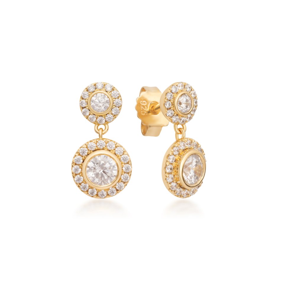Flower earrings in 24k gold-plated recycled sterling silver with 60 hand-set cubic zirconia, 15 mm, delicate nature-inspired elegance.