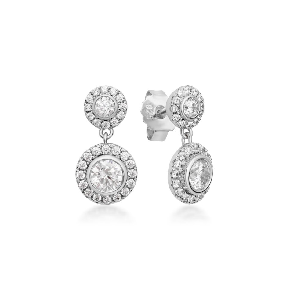 Flower earrings in rhodium-plated recycled sterling silver with 60 hand-set cubic zirconia, 15 mm, cool elegance and nature-inspired design.