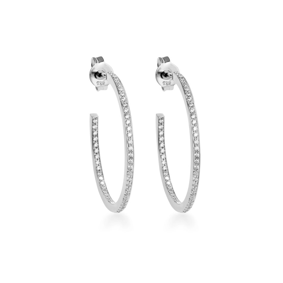 Large Classic hoop earrings in rhodium-plated sterling silver with 104 white zircons – sparkling and elegant design.