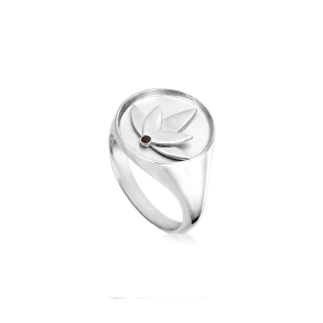 Lotus ring in rhodium-plated recycled sterling silver with hand-set black cubic zirconia, polished finish, and bold design inspired by the symbolism of the lotus flower.