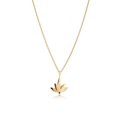 Lotus necklace in 18k gold-plated recycled sterling silver with hand-set black cubic zirconia, polished finish, and two-layer pendant measuring 1.2 cm.