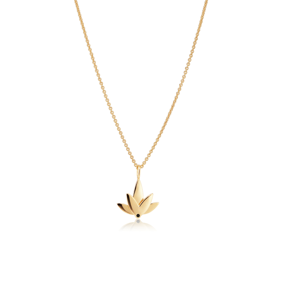 Lotus necklace in 18k gold-plated recycled sterling silver with hand-set black cubic zirconia, polished finish, and two-layer pendant measuring 1.2 cm.