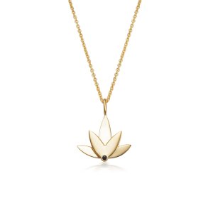 Lotus necklace in 24k gold-plated recycled sterling silver with hand-set black cubic zirconia, polished finish, and two-layer pendant measuring 1.2 cm.