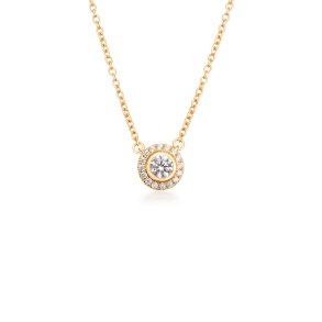 Flower halskde i 24 kt forgyldt recycled sterlingslv med 17 hndsatte cubic zirconia, 45 cm, delikat og naturinspireret elegance.