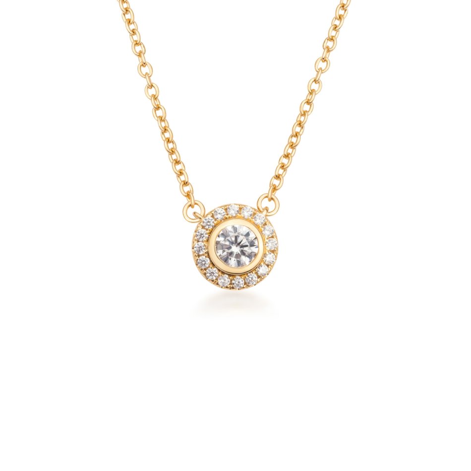 Flower necklace in 24k gold-plated recycled sterling silver with 17 hand-set cubic zirconia, 45 cm, delicate nature-inspired elegance.