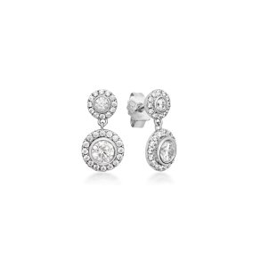 Flower earrings in rhodium-plated recycled sterling silver with 60 hand-set cubic zirconia, 15 mm, cool elegance and nature-inspired design.