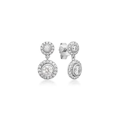Flower earrings in rhodium-plated recycled sterling silver with 60 hand-set cubic zirconia, 15 mm, cool elegance and nature-inspired design.