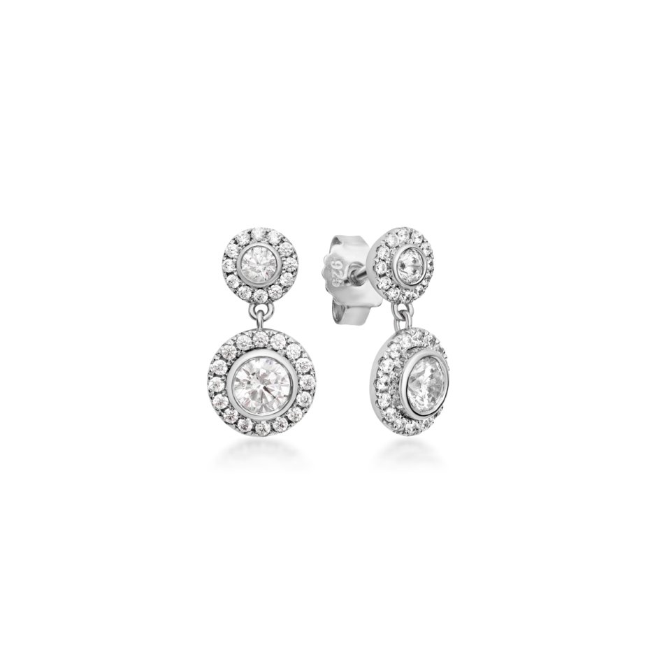 Flower earrings in rhodium-plated recycled sterling silver with 60 hand-set cubic zirconia, 15 mm, cool elegance and nature-inspired design.