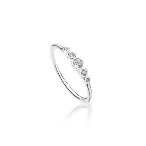 Elegant rhodium-plated silver ring with hand-set cubic zirconia from Cham Bi, sustainable design with timeless shine.