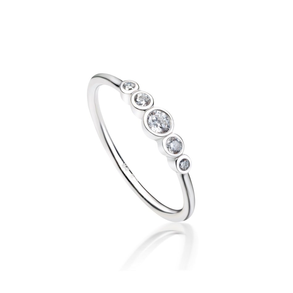 Elegant rhodium-plated silver ring with hand-set cubic zirconia from Cham Bi, sustainable design with timeless shine.