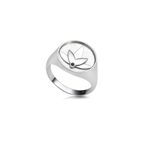 Lotus ring in rhodium-plated recycled sterling silver with hand-set black cubic zirconia, polished finish, and bold design inspired by the symbolism of the lotus flower.