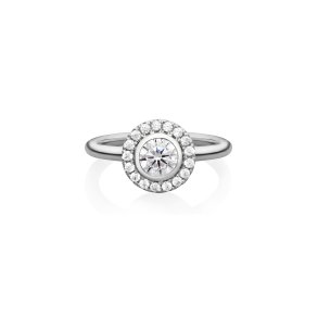 Flower ring i rhodineret recycled sterlings�lv med 18 h�ndsatte cubic zirconia, elegant og naturinspireret statement-smykke.