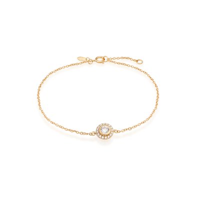 Flower bracelet in 24k gold-plated recycled sterling silver with 17 hand-set cubic zirconia, adjustable length, delicate nature-inspired design