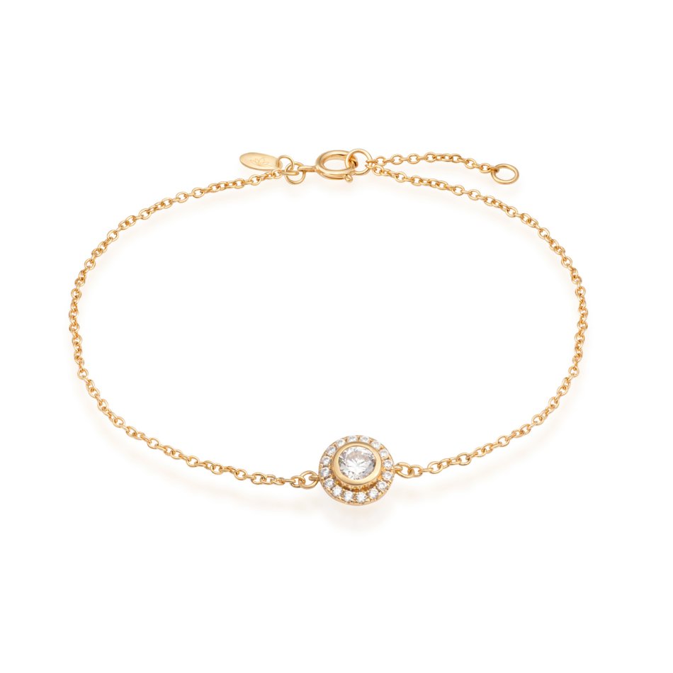 Flower bracelet in 24k gold-plated recycled sterling silver with 17 hand-set cubic zirconia, adjustable length, delicate nature-inspired design