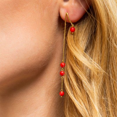Model wearing Coral Earrings in sterling silver – organic and elegant look.
